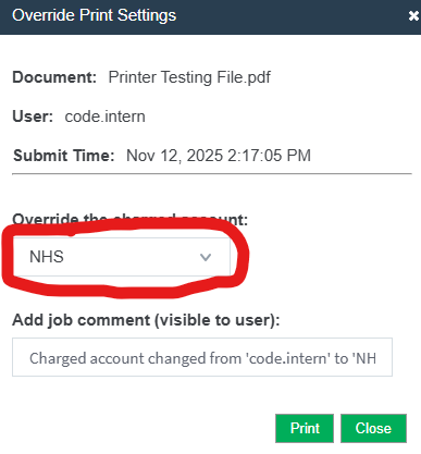 Screenshot of a print being overridden to NHS