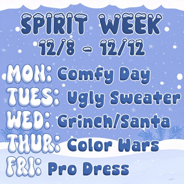 🎉 Spirit Week is HERE, Dragons! 🎉

Student Government has been so busy with seasonal plans that Spirit Week announcements just rolled out today — but don’t worry, there’s still plenty of time to join the fun!

😴 While it might be a little late for Pajama Monday, you can still get festive with:
👕 Ugly Sweater Tuesday
🎅 Santa or Grinch Wednesday
🎨 Color Wars Thursday...
 9th Grade: Yellow ⭐
 10th Grade: White ⛄
 11th Grade: Green 🎄
 12th Grade: Red 🧑‍🎄
Then on Friday, we shift gears for Tech Fair Professional Dress Day—let’s show off that Dragon professionalism and gear up for some great competitions!
Let’s make it a fun, festive, and spirited week at MTCHS! 💙🐉
#MTCHSIdaho #natstuco #DragonPride #SpiritWeek #HolidaySpirit
