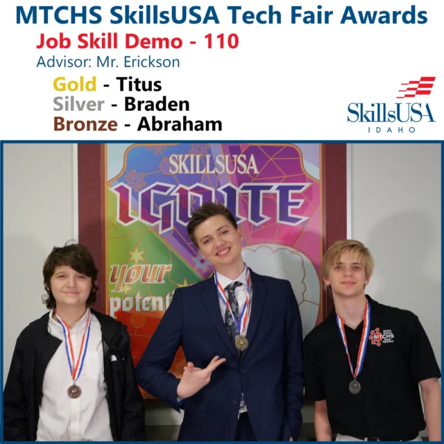 🌟 Real-World Skills on Display!

As the SkillsUSA Idaho Awards Ceremony takes place tonight, we’re reflecting on the students who earned their spot at state during December’s MTCHS Tech Fair.

Students working with Mr. Erickson, our Internship Coordinator, competed in events that highlight workplace readiness, professionalism, and career preparation, as well as some brilliant minds who competed in the Technical Math competition.

The top winners at Tech Fair qualified to compete at the state conference, and the photos show our Gold, Silver, and Bronze medalists from those competitions.

These students have worked hard to develop the skills that will serve them well beyond the classroom!

#MTCHSIdaho #SkillsUSA #SkillsUSAIdaho #Internships #CareerTechEd #WorkforceReady #IdahoSkillsUSA