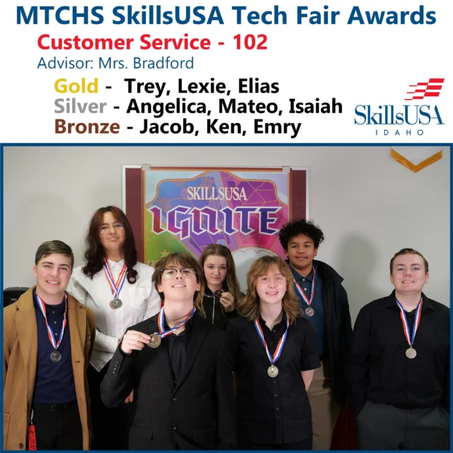 🚀 Leadership in Action!

The Idaho SkillsUSA State Leadership & Skills Conference Awards Ceremony is happening now, and we’re celebrating the students who started their journey at our December Tech Fair.

Students working with Mrs. Bradford in Work Based Learning and Careers competed in leadership events that highlight professionalism, communication, and career readiness.

The top Tech Fair winners earned the opportunity to compete at state, and the photos show our Gold, Silver, and Bronze medalists from those competitions.

These students have been preparing for months to represent MTCHS—and we’re incredibly proud of their leadership and dedication.

#MTCHSIdaho #SkillsUSA #SkillsUSAIdaho #CareerReadiness #StudentLeaders #CareerTechEd #IdahoSkillsUSA