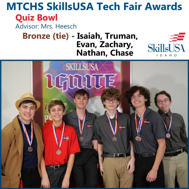 🧠🏆 Quiz Bowl Champions in the Making!

It has been an exciting week at the Idaho SkillsUSA State Leadership & Skills Conference, and the Awards Ceremony is happening right now! While we wait to hear the results, we’re looking back at our December MTCHS Tech Fair, where students first earned their spots at state.

Students advised by Mrs. Heesch competed in Quiz Bowl, a fast-paced contest that tests competitors’ knowledge across a wide range of topics — from general academics and current events to SkillsUSA history and trivia.

Only the top winners at Tech Fair qualified to advance to the state competition... but somehow we didn't get photos of our Gold and Silver teams! 😣 But we did capture the two teams who tied for third place!

These students hit the history books, watched the news for current events, practiced solving math problems quickly, and expanded their broad knowledge as well as demonstrate quick thinking! 

#MTCHSIdaho #SkillsUSA #SkillsUSAIdaho #QuizBowl #CareerTechEd #StudentLeadership #AcademicExcellence #IdahoSkillsUSA 🧠✨