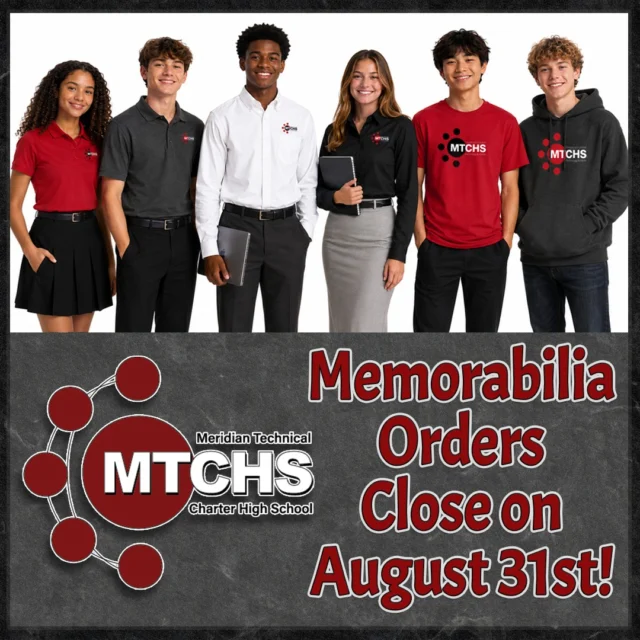 ⏰ DON’T MISS OUT! The annual MTCHS apparel deadline is fast approaching, and this is the ONLY order we place all year! If you miss the August 31st deadline, you’ll have to wait until next school year to get yours.

Get gear-ready for the year ahead:

👔 Professional Dress Day Apparel

Looking for easy options for Professional Dress Days? These embroidered logo button-down dress shirts and polo shirts (available in men's & ladies sizing) are a great, hassle-free choice! (Note: Purchasing school-branded dress apparel is completely optional—students are welcome to wear any professional clothing that meets the dress code criteria!)

👕 Spirit Wear & Everyday Classics

Show off your school pride with high-quality screen-printed MTCHS Orb T-shirts and cozy hoodies!

🛒 Order before it’s too late: https://meridiantechnicalcharter.revtrak.net/Meridian-Tech-Charter-High-School-Fees/School-Memorabilia/#/list

⏳ Deadline: Monday, August 31st