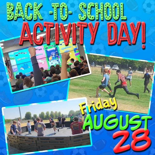 🎉 Activity Day is Friday, August 28! 🎉

We can’t wait for a day full of excitement, teamwork, and fun! Here is how you can help your student prepare for the big day:

☀️ Weather: Highs in the 80s (slight chance of rain)—outdoors and active!

📣 Morning Assembly: A fun, student-led showcase of our school organizations to kick things off.

🏆 The Action: Football, Soccer, Gaga Ball, Ultimate Frisbee, Disc Golf, and a Fun Run/Walk... and a few surprises!

👟 What to Wear: Comfortable athletic gear suitable for movement (school-appropriate attire required).

💧 What to Bring: WATER, WATER, WATER! Please send a full water bottle with your student.

We appreciate your support in helping our kids stay hydrated, active, and ready for fun! 🙌
